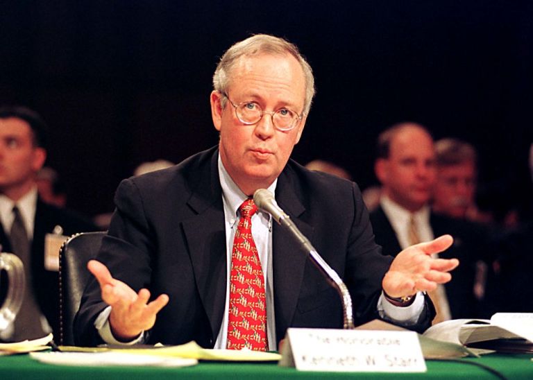 Independent Counsel Kenneth W Starr (1946 - 2022) testifies before the US Senate Committee on Governmental Affairs on Capitol Hill, Washington DC, April 14, 1999. Starr testified against the Independent Counsel Act saying it was seriously flawed, too expensive, and, in his opinion, unconstitutional. (Photo by Ron Sachs/CNP/Getty Images)
