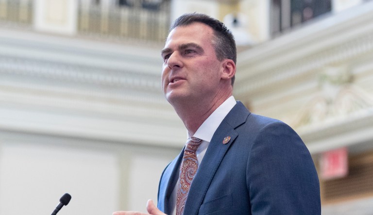 Oklahoma Gov. Kevin Stitt delivers his State of the State address in Oklahoma City on Monday, Feb. 7, 2022.