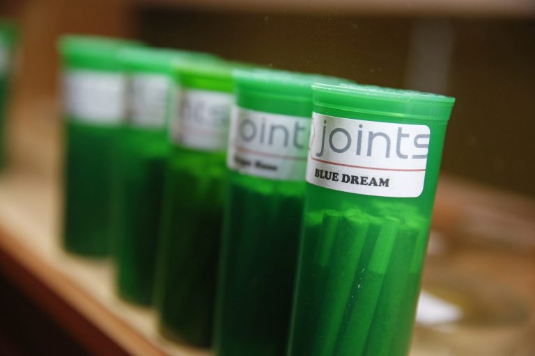 Different strains of marijuana displayed for sale at The Clinic, a Denver-based dispensary with several outlets, in Denver. (AP Photo/Brennan Linsley, File)
