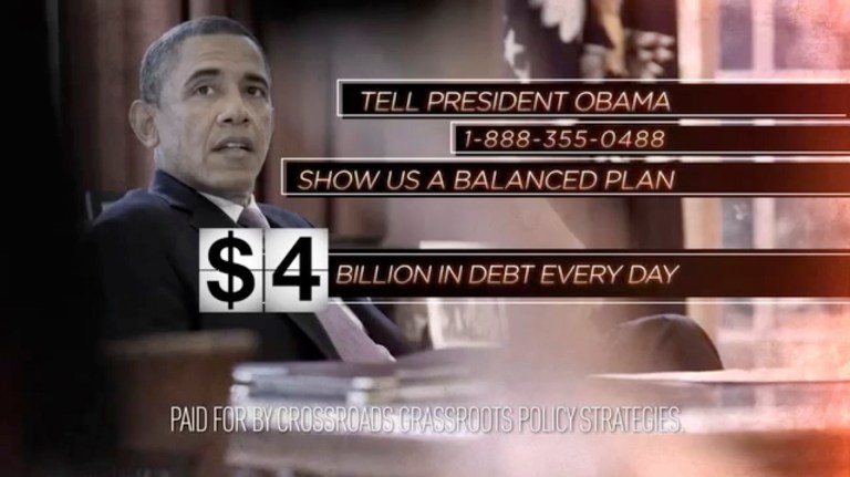   This still image from video released by Crossroads Grassroots Policy Strategies shows a frame from their ad on the 