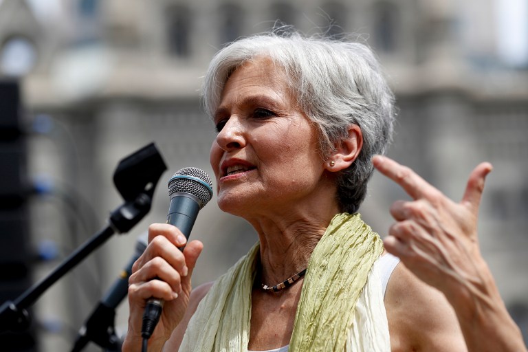 Stein critiqued the former secretary of state's approval of arms deals with countries like Saudi Arabia that allowed for what Stein described as 