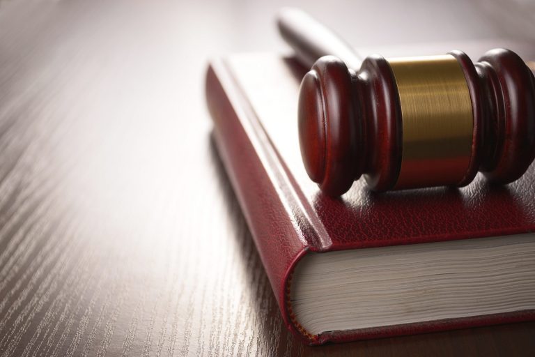 A gavel lays on top of a book.