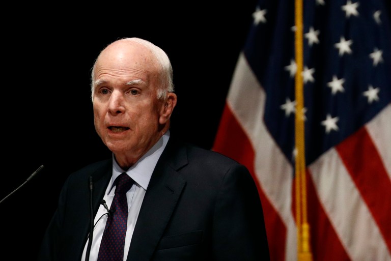 Sen. John McCain, R-Ariz., delivers remarks at the U.S. Naval Academy in Annapolis, Md., Oct. 30, 2017.