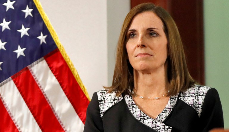 In this Dec. 18, 2018 photo, then Rep. Martha McSally, R-Ariz., waits to speak during a news conference at the Capitol in Phoenix. 