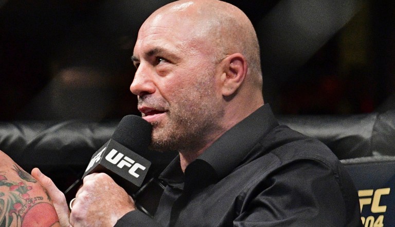 CM Punk, left, is interviewed by Joe Rogan after being defeated by Mickey Gall in a welterweight bout at UFC 203 on Saturday, Sept. 10, 2016, in Cleveland.