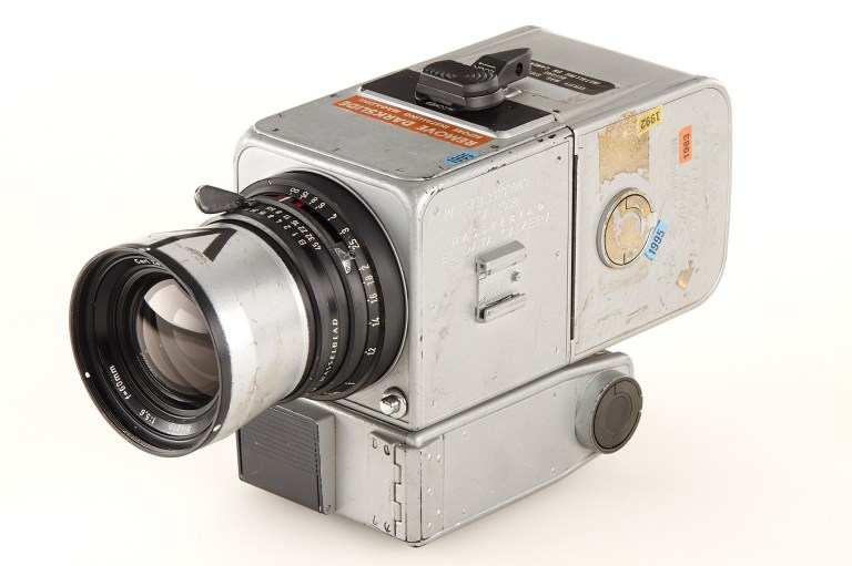 This photo provided by Galerie Westlicht in Vienna shows a Hasselblad 500 camera which was part of the equipment carried by the 1971 Apollo 15 mission _ and the only camera ever bought back from the moon. It was put on auction Saturday, March 22, 2014 and was sold for nearly 760,000 US dollar. Westlicht identifies the new owner as Japanese businessman Terukazu Fujisawa. It says the owner of an electronics chain placed his winning bid of 550,000 euros by phone. (AP Photo/Galerie Westlicht)
