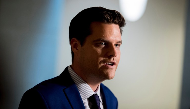 Rep. Matt Gaetz, R-Fla., speaks to reporters outside a closed door meeting where Catherine Croft, a State Department adviser on Ukraine, and Deputy Assistant Secretary of Defense Laura Cooper testify as part of the House impeachment inquiry into President Donald Trump on Capitol Hill in Washington, Wednesday, Oct. 30, 2019.