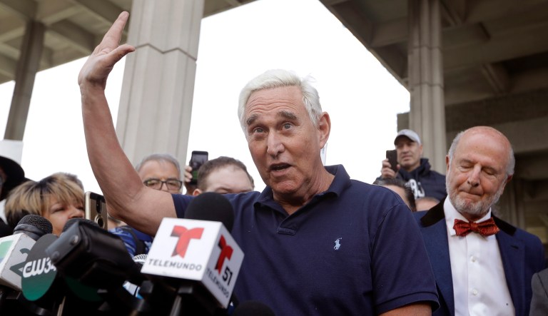 Roger Stone, a confidant of President Donald Trump, speaks outside of the federal courthouse following a hearing, Friday, Jan. 25, 2019, in Fort Lauderdale, Fla. Stone was arrested Friday in the special counsel's Russia investigation and was charged with lying to Congress and obstructing the probe.