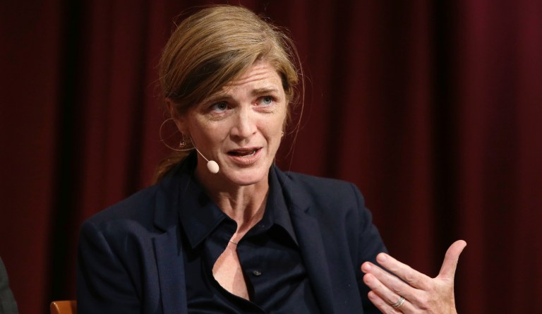 Harvard professor Samantha Power, former U.S. Ambassador to the United Nations, addresses an audience, Monday, Oct. 16, 2017, at a forum called âPerspectives on National Security,â at the John F. Kennedy School of Government, on the campus of Harvard University, in Cambridge, Mass. 