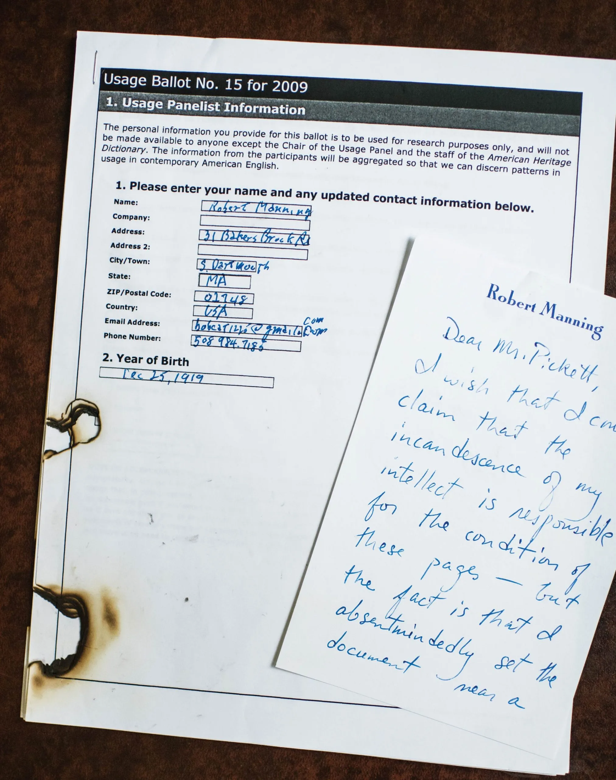 A burnt American Heritage Dictionary usage panel ballot.