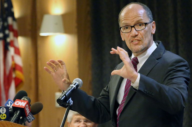 Secretary of the U.S. Department of Labor Thomas Perez speaks to business and community leaders at a Los Angeles Area Chamber of Commerce event, in Los Angeles on Aug. 18, 2014. (AP Photo/Nick Ut)