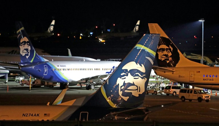 FILE - In this Friday, Aug. 10, 2018, file photo, Alaska Airlines planes sit on the tarmac at Sea-Tac International Airport in SeaTac, Wash. Officials say an Alaska Airlines jetliner struck a brown bear while landing early Saturday evening, Nov. 14, 2020, killing the animal and causing damage to the plane. 