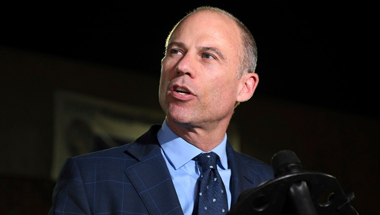 Michael Avenatti speaks to the media outside the Los Angeles Police Department Pacific Division.
