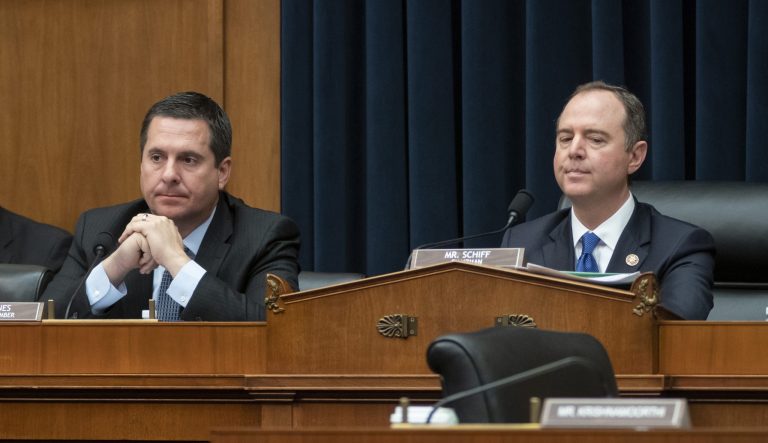 Rep. Devin Nunes, R-Calif, ranking member of the House Intelligence Committee, left, and Chairman Adam Schiff, D-Calif., right, on Capitol Hill in Washington, Thursday, March 28, 2019.  