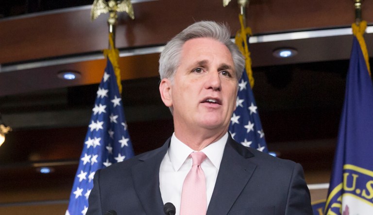 Majority Leader Kevin McCarthy of Calif., left, accompanied by House Speaker Paul Ryan, R-Wis., meets with reporters on Capitol Hill in Washington, Thursday, Feb. 4, 2016. The Republican leaders announced the formation of six committee-led task forces charged with developing agendas on national security, tax reform, jobs, health care reform, elimination of poverty, and more. Ryan also pledged that House Republicans will schedule time this year to vote on legislation reforming the criminal justice system.