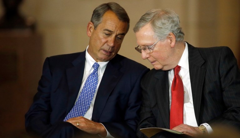 Then-House Speaker John Boehner, R-Ohio, speaks with Senate Majority Leader Mitch McConnell, R-Ky., in 2015 in D.C.