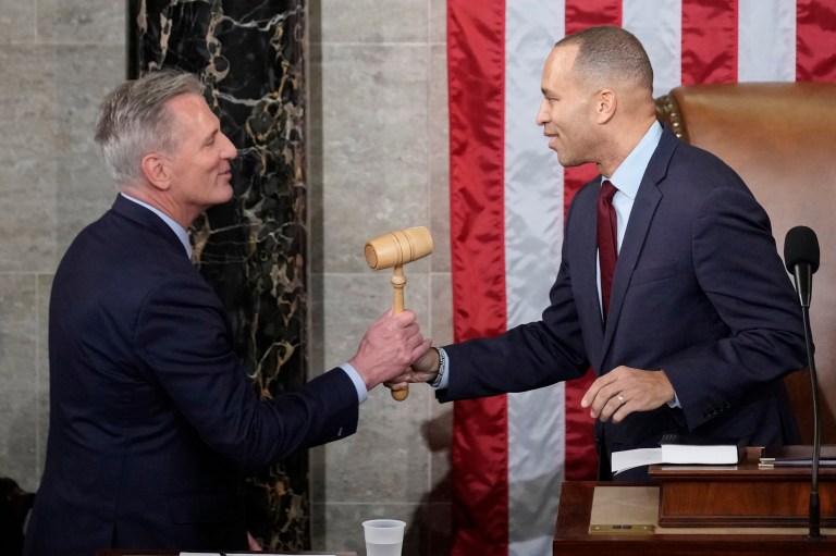 Incoming House Speaker Kevin McCarthy of Calif., receives the gavel from House Minority Leader Hakeem Jeffries of N.Y., on the House floor at the U.S. Capitol in Washington, early Saturday, Jan. 7, 2023. 