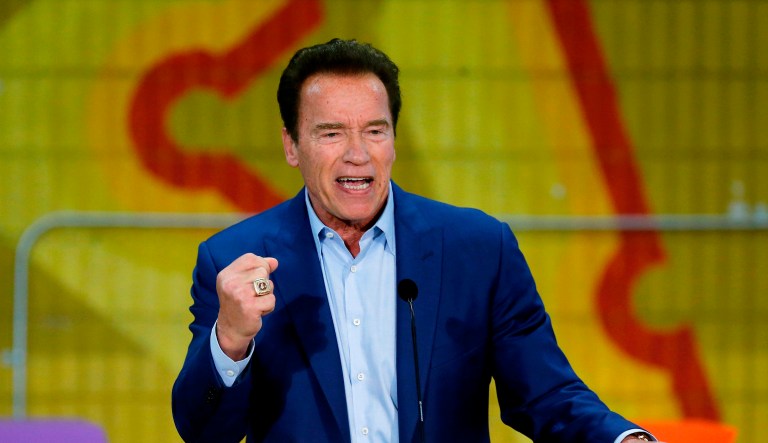 FILE - In this March 21, 2018 file photo, former California Gov. Arnold Schwarzenegger speaks at the first New Way California Summit in Los Angeles. Schwarzenegger is recovering in a Los Angeles hospital after undergoing heart surgery. He had a scheduled procedure to replace a pulmonic valve on Thursday, March 29, according to Schwarzeneggerâs spokesman. He is in stable condition.