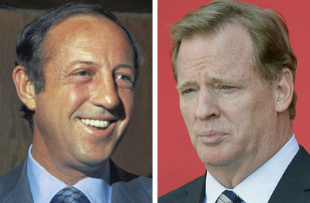 Being an NFL commissioner was never easy, from the days of Pete Rozelle, left, to Roger Goodell. (AP Photos)