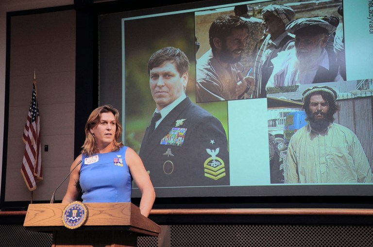 In this 2014 photo Kristen Beck speaks at the FBI Criminal Justice Information Services Division in Clarksburg, W.Va. Beck, a transgender former Navy SEAL born in Wellsville, is planning a primary challenge to Maryland's longest-serving U.S. representative, Democrat Steny Hoyer. (AP Photo/FBI)