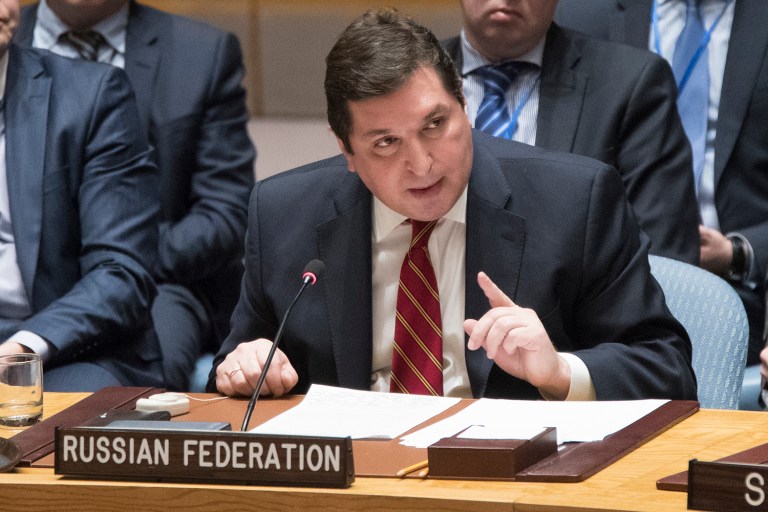 Russia's deputy U.N. ambassador Vladimir Safronkov speaks during a Security Council meeting on the situation in Syria, Friday, April 7, 2017 at United Nations headquarters. (AP Photo/Mary Altaffer)