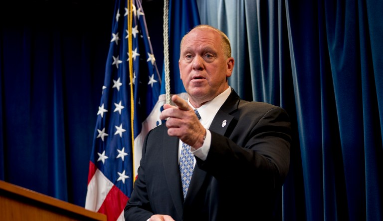 Thomas Homan takes a question from a reporter at a Department of Homeland Security news conference at the Ronald Reagan Building in Washington, Tuesday, Dec. 5, 2017.