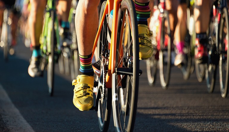 Cyclists race to the finish line.