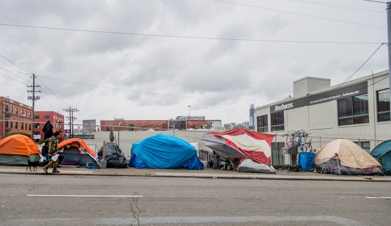 Homeless tents line city streets in San Francisco. 