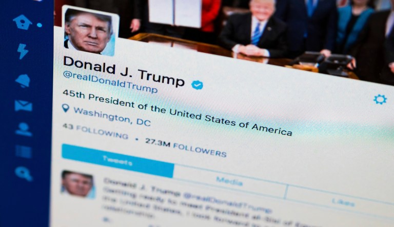This April 3, 2017, photo shows President Trump's tweeter feed on a computer screen in Washington.