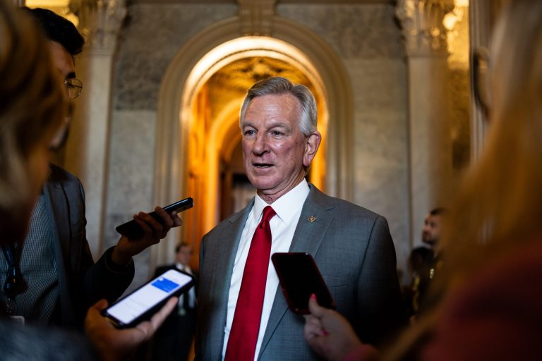 Sen. Tommy Tuberville (R-AL) speaks to reporters outside the Senate chamber on Capitol Hill, Monday, July 10, 2023, in Washington, D.C.