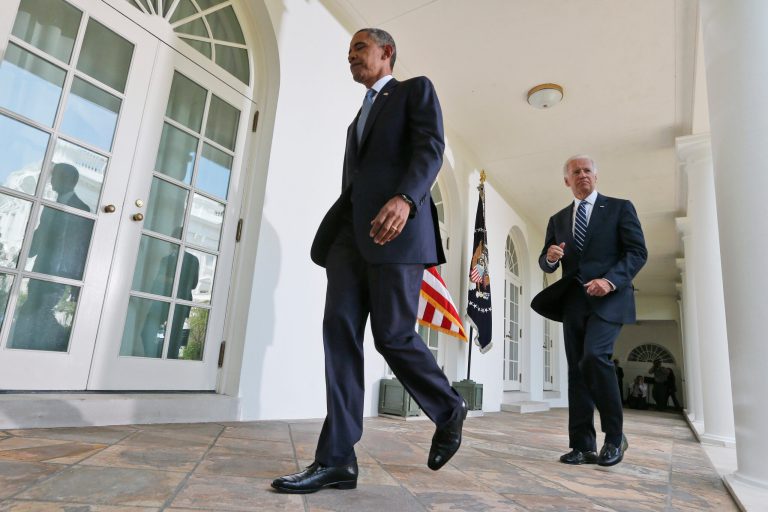   President Barack Obama walks back to the Oval Office with Vice President Joe Biden, right, after making a statement about the crisis in Syria in the White House Rose Garden in Washington Saturday, Aug. 31, 2013. Obama said he has decided that the United States should take military action against Syria in response to a deadly chemical weapons attack. But he said he will seek congressional authorization for the use of force. (AP Photo/Charles Dharapak)  