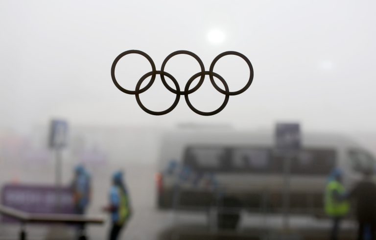 during the men's biathlon 15k mass start, at the 2014 Winter Olympics, Monday, Feb. 17, 2014, in Krasnaya Polyana, Russia. (AP Photo/Felipe Dana)
