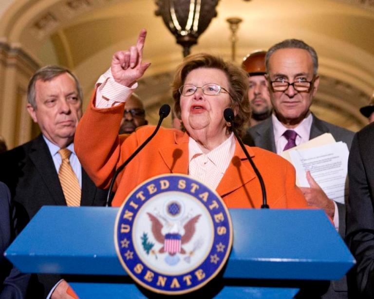 Senate Appropriations Committee Chair Sen. Barbara Mikulski, D-Md., flanked by Senate Majority Whip Richard Durbin of Ill., left, and Sen. Charles Schumer, D-N.Y., rap Senate Republicans for derailing a Democratic bill curbing paycheck discrimination against women. AP Photo/J. Scott Applewhite