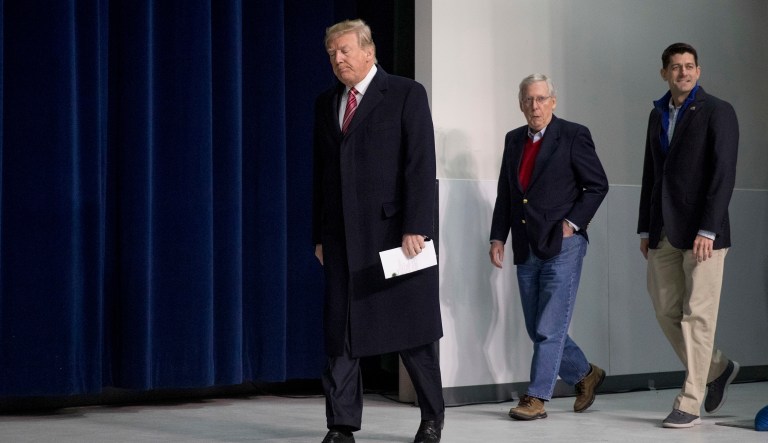 President Donald Trump, left, accompanied by Senate Majority Leader Mitch McConnell of Ky., second from right, and House Speaker Paul Ryan of Wis., right, arrives for a news conference after participating in a Congressional Republican Leadership Retreat at Camp David, Md., Saturday, Jan. 6, 2018. (AP Photo/Andrew Harnik)