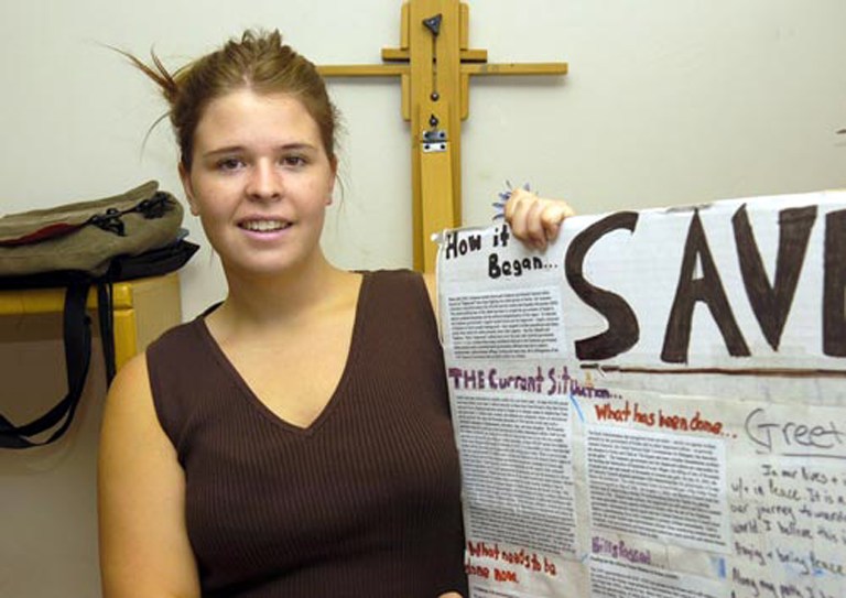 Kayla Mueller is shown after speaking to a group in Prescott, Ariz. U.S. intelligence agencies are investigating the possibility that the Islamic State militant leader killed Friday was the captor of American hostage Kayla Mueller for a time. (AP Photo/The Daily Courier, Jo. L. Keener)