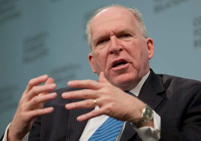 FILE - This March 11, 2014 file photo shows CIA Director John O. Brennan speaking in Washington. The CIA's insistence that it did not spy on its Senate overseers collapsed July 31 with the release of a stark report by the agency's internal watchdog documenting improper computer surveillance and obstructionist behavior by CIA officers. Those internal conclusions prompted Brennan to abandon months of defiance and defense of the agency and apologize to Senate intelligence committee leaders. (AP Photo/Carolyn Kaster, File)
