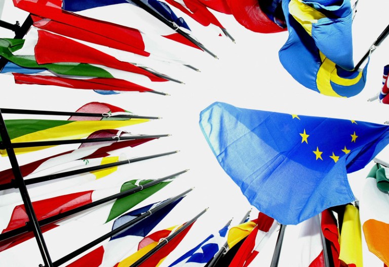 Flags of the European Union countries are gathered together ahead of the EU enlargement ceremony in Dublin, Ireland. (Photo by Ian Waldie/Getty Images)