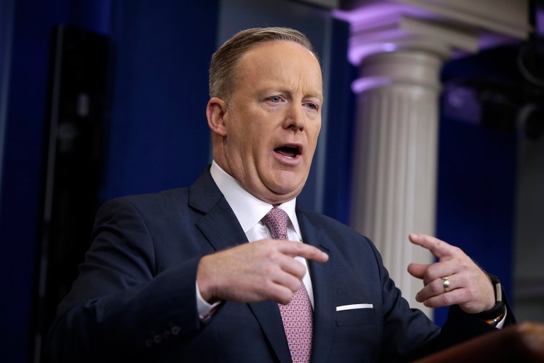 White House press secretary Sean Spicer has an admitted addiction to gum. (AP Photo/Evan Vucci)
