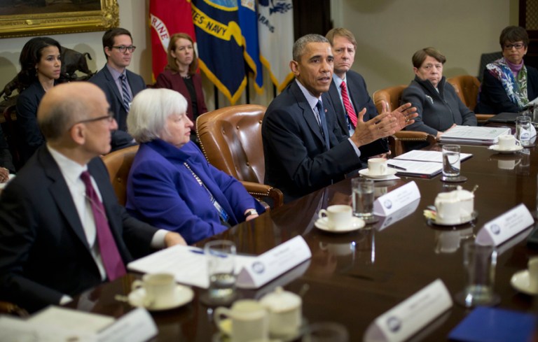 Speaking at the White House on Monday after meeting with top U.S. financial regulators, Obama said the discussion touched on shadow banks, which are financial institutions outside the traditional banking system, and how they could pose risks to financial stability that weren't addressed in new Wall Street rules he has signed into law. (AP Photo/Pablo Martinez Monsivais)
