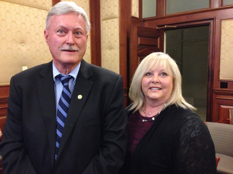 Dr. Tricia Derges, right, stands with Missouri Rep. Lynn Morris after they testified in support of legislation expanding eligibility for Missouri's assistant physician law at a Senate committee hearing at the state Capitol in Jefferson City, Mo. Derges' application had been denied because Missouri took so long to implement the 2014 assistant physician law, but she could become eligible under new legislation recently passed by the legislature. (AP Photo/David A. Lieb)