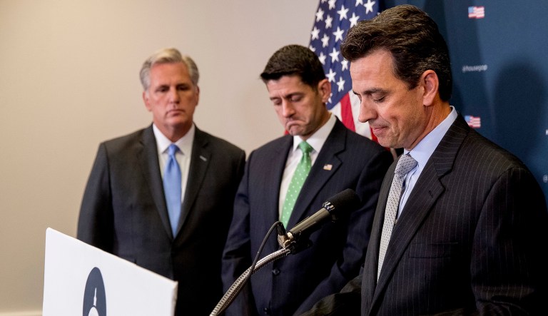 House Majority Leader Kevin McCarthy of Calif., and House Speaker Paul Ryan of Wis., pause as Rep. Tom Graves, R-Ga., speaks during a news conference on Capitol Hill.