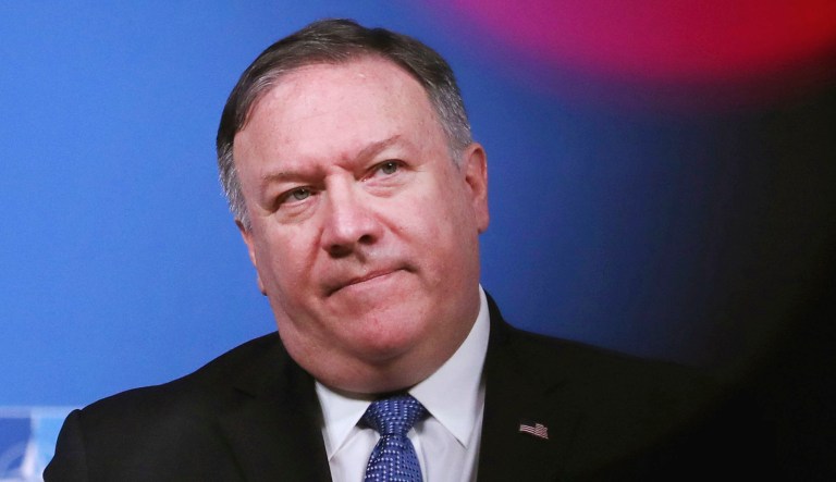 Secretary of State Mike Pompeo speaks during a media conference.