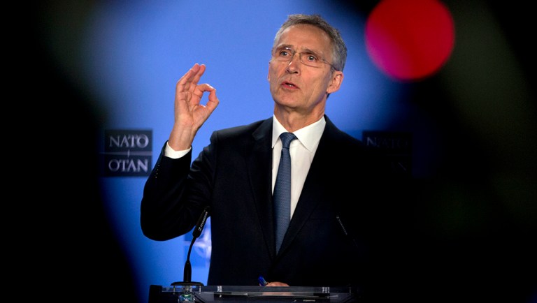 NATO Secretary General Jens Stoltenberg speaks during a media conference.
