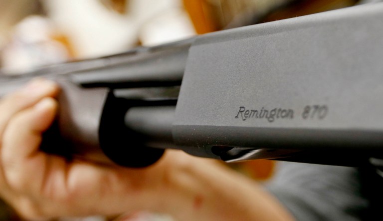 The Remington name is seen etched on a model 870 shotgun at Duke's Sport Shop in New Castle, Pa.