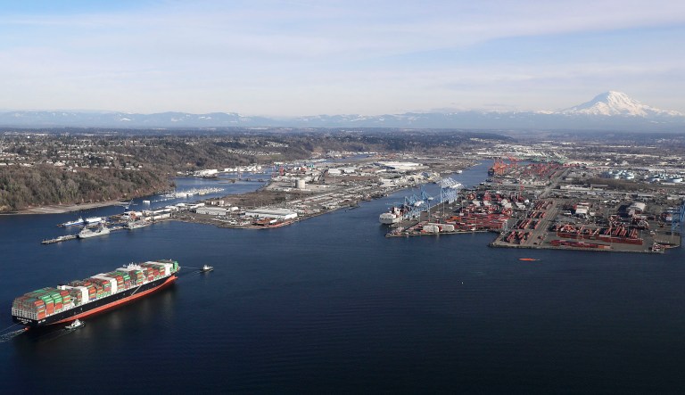 The Cape Kortia container ship heads into the Port of Tacoma in Commencement Bay.