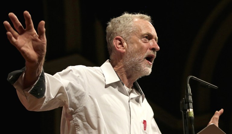 British lawmaker Jeremy Corbyn gives a speech.