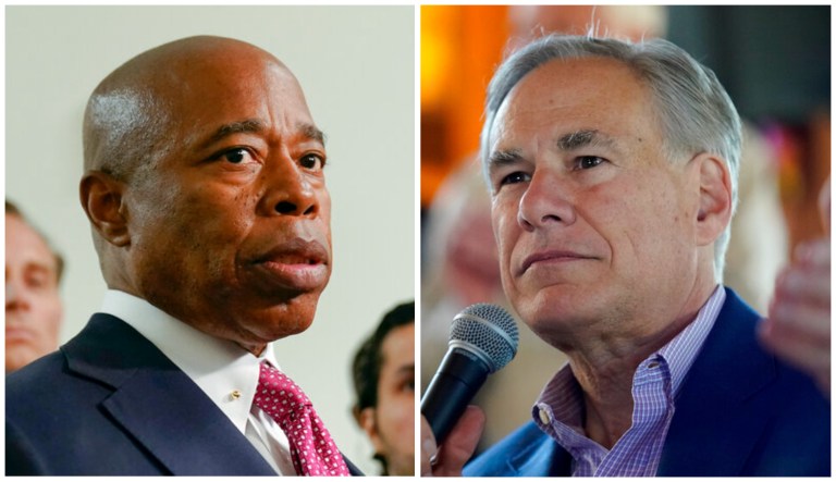 New York Mayor Eric Adams (left) and Texas Gov. Greg Abbott (right) are seen.