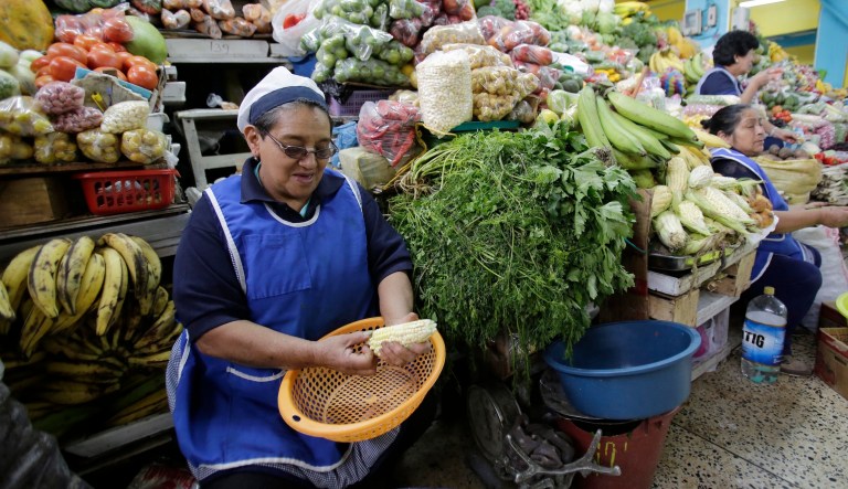 Market vender Maria Pazmino waits for customers at her food stand at the Santa Clara market in Quito, Ecuador, Wednesday, March 22, 2017. Pazmino said she supports presidential candidate Guillermo Lasso, a former banker from the opposition, ahead of the April. 2 election.