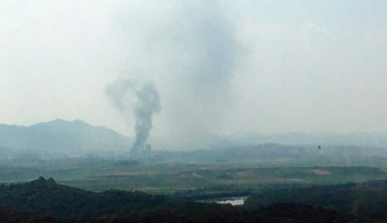 Smoke raising in the North Korean border town of Kaesong is seen from Paju, South Korea, Tuesday, June 16, 2020. North Korea blew up an inter-Korean liaison office building just inside its border in an act Tuesday that sharply raises tensions on the Korean Peninsula amid deadlocked nuclear diplomacy with the United States.