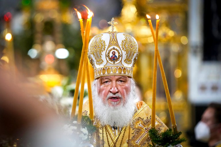 Russian Orthodox Patriarch Kirill celebrates the Divine Liturgy for Christmas in the Christ the Saviour Cathedral in Moscow on Jan. 6, 2022.